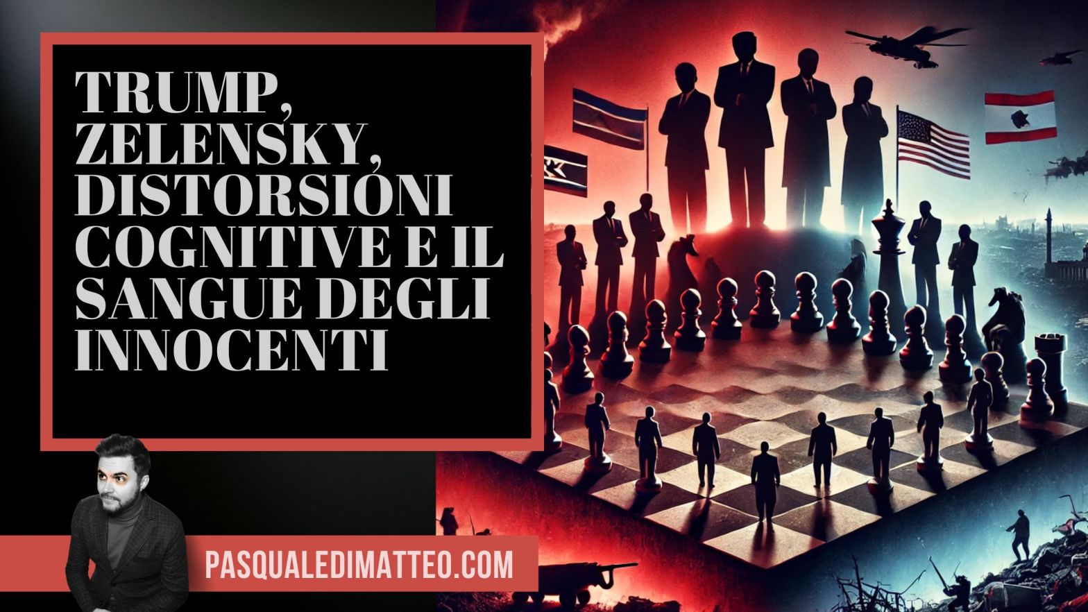 Copertina dell'articolo di Pasquale Di Matteo dal titolo "TRUMP, ZELENSKY, DISTORSIONI COGNITIVE E IL SANGUE DEGLI INNOCENTI "